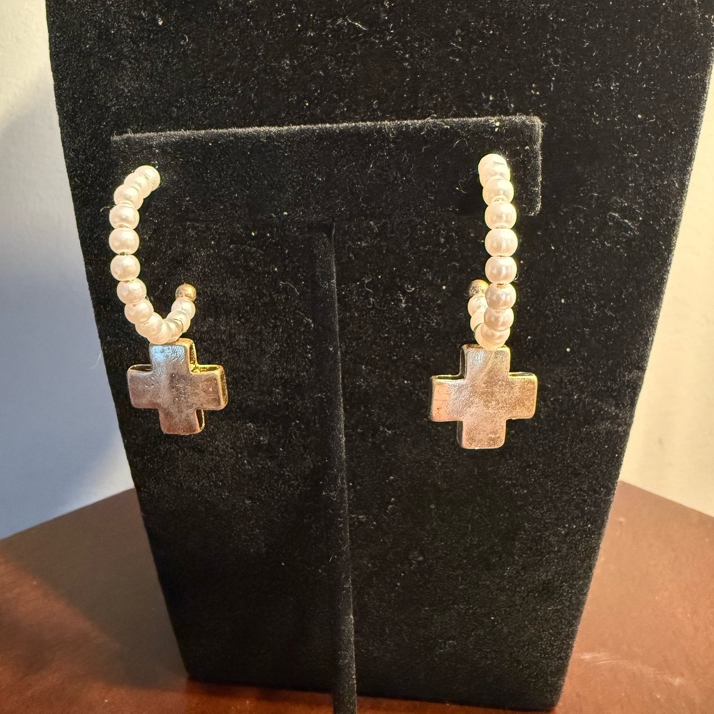 Elegant Pearl Earrings with Gold Cross Charm